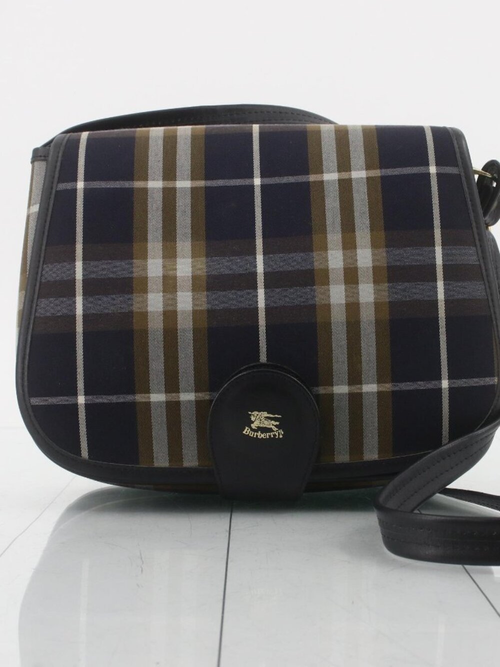 Burberry Navy Plaid Crossbody Bag with Brown and White Accents